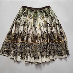 Poetry Skirt Full Bohemian Floral Paisley Midi Skirt Gold Accent Twirly Artsy SM
